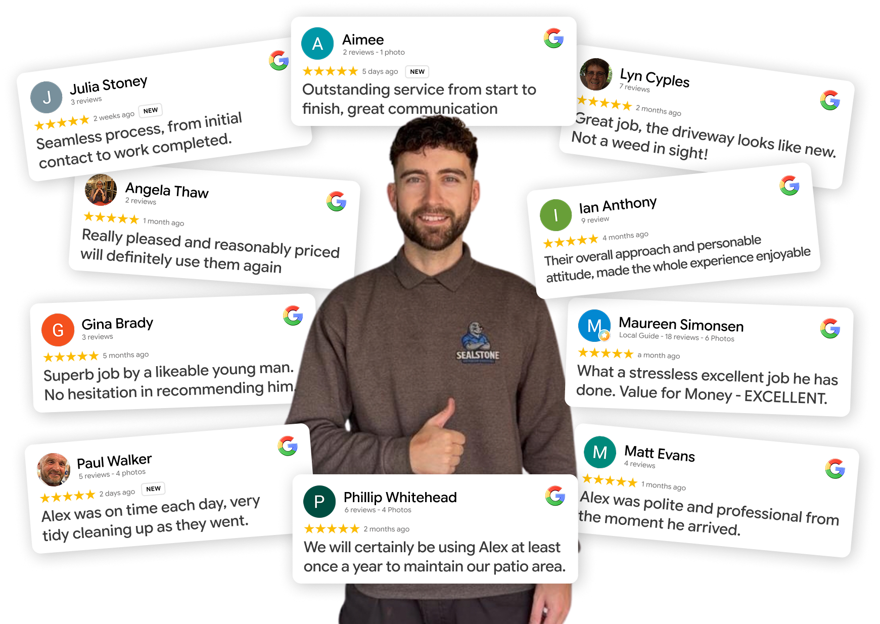 Alex from Sealstone Exterior Services surrounded by 5-star Google reviews