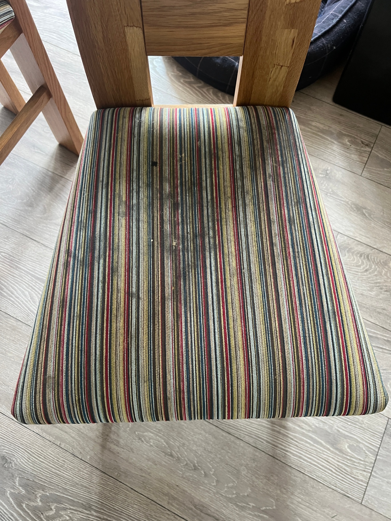 Soiled fabric sofa revived in Staffordshire, before professional cleaning
